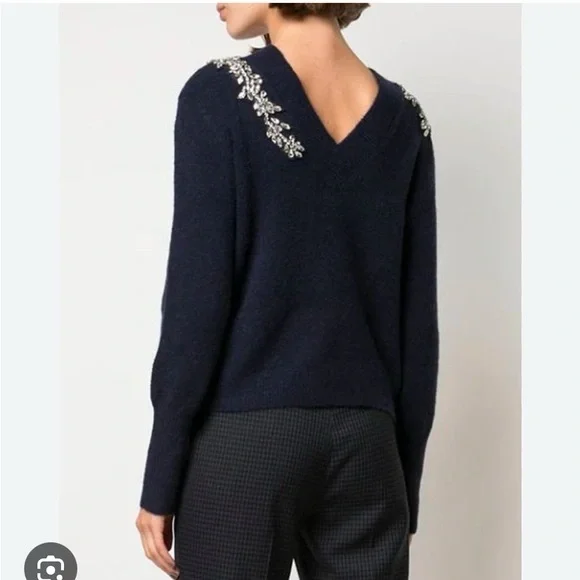 Veronica Beard Navy Crystal Embellished V-Back‎ Sweater XS Rhinestone Applique - Picture 2 of 5